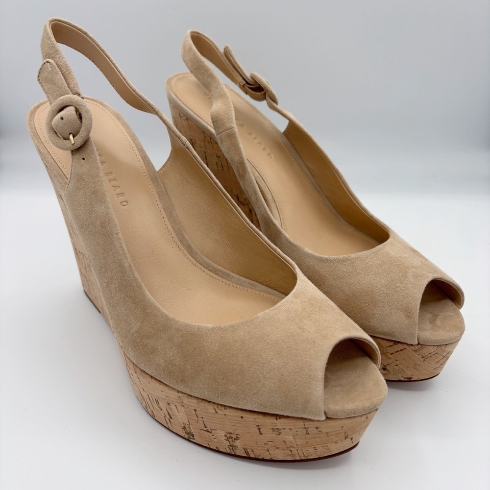 Veronica Beard Sand Suede Peep-Toe Wedge Sandals Sz 10.5 NEW Quiet Luxury